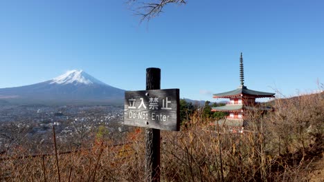 do not enter sign at chureito pagoda in japan on a clear day with mount fuji