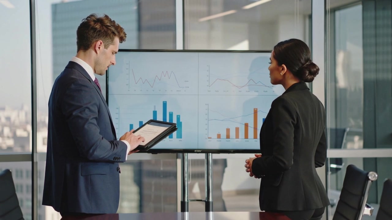 Tapping tablet as monitor showing charts, man in suit briefing woman in blazer in conference room