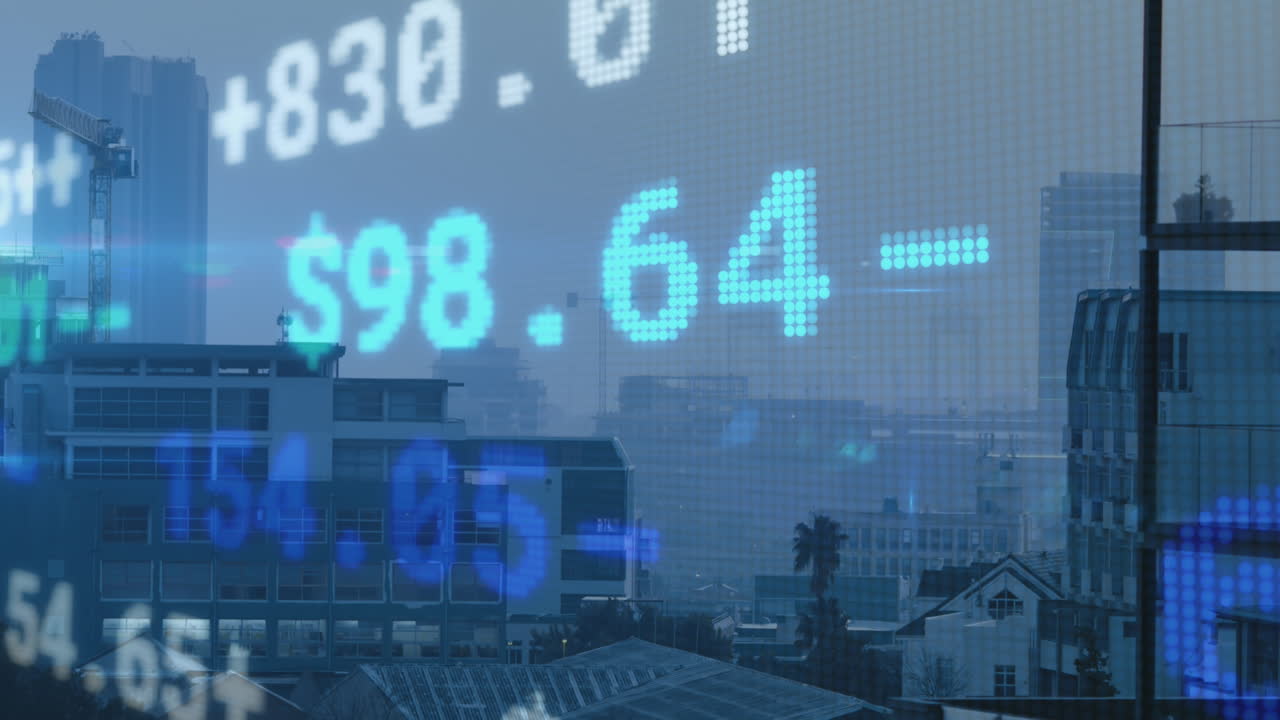 주식 시장 데이터 처리의 애니메이션 도시 풍경의 공중 전망에 대해