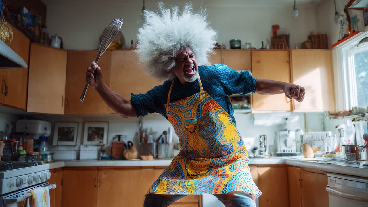 A Creative Culinary Enthusiast Showcases Passion in the Kitchen with Unique Style, Sporting an Eye-Catching Apron and Whisk, Bringing Joy and Energy to Cooking