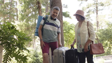 feliz pareja de ancianos diversos caminando con el equipaje a una casa al aire libre soleado