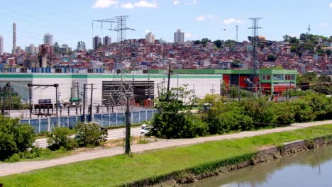 urban landscape with industrial area and densely populated residential area