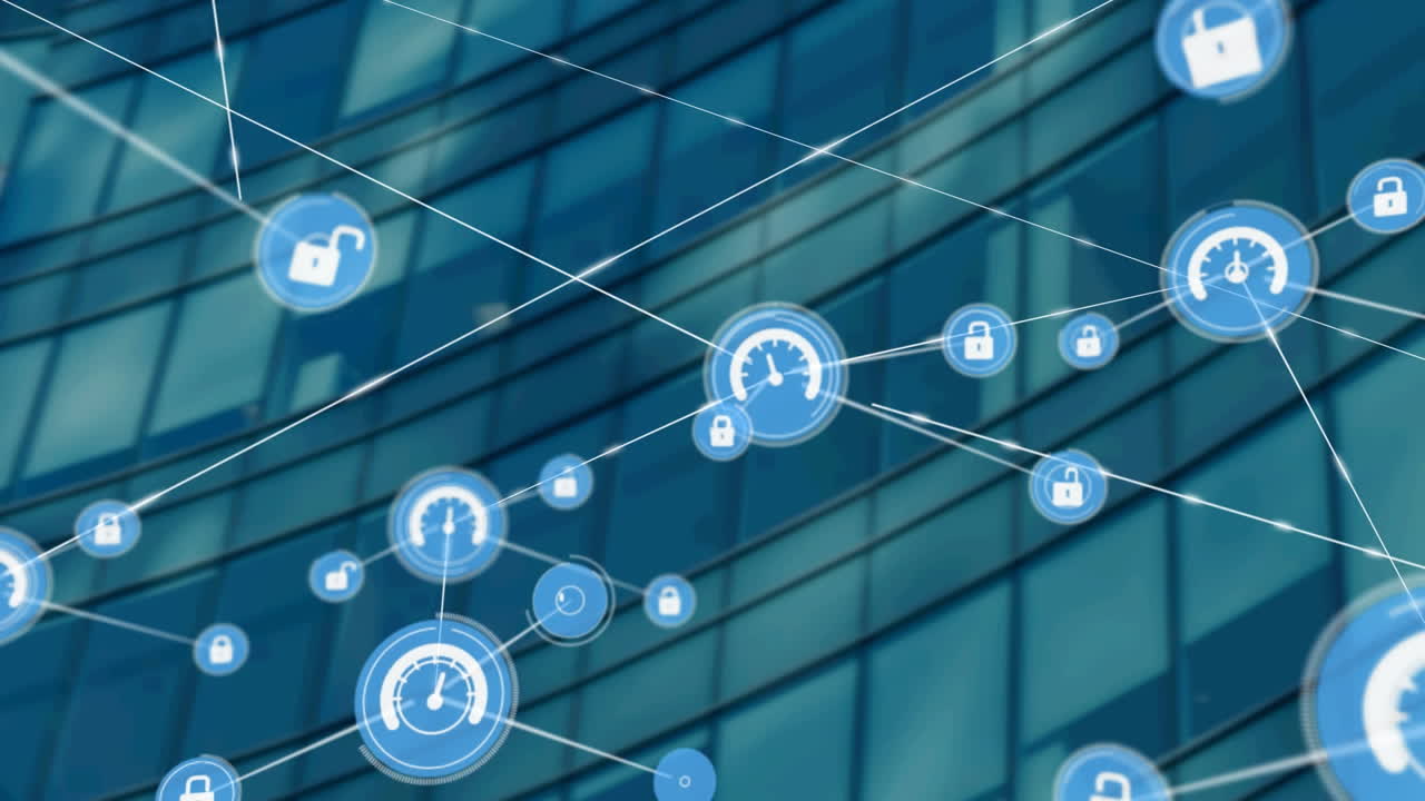 Animation of network of connections with icons over modern building