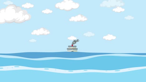 animated ship braving waves across the ocean.