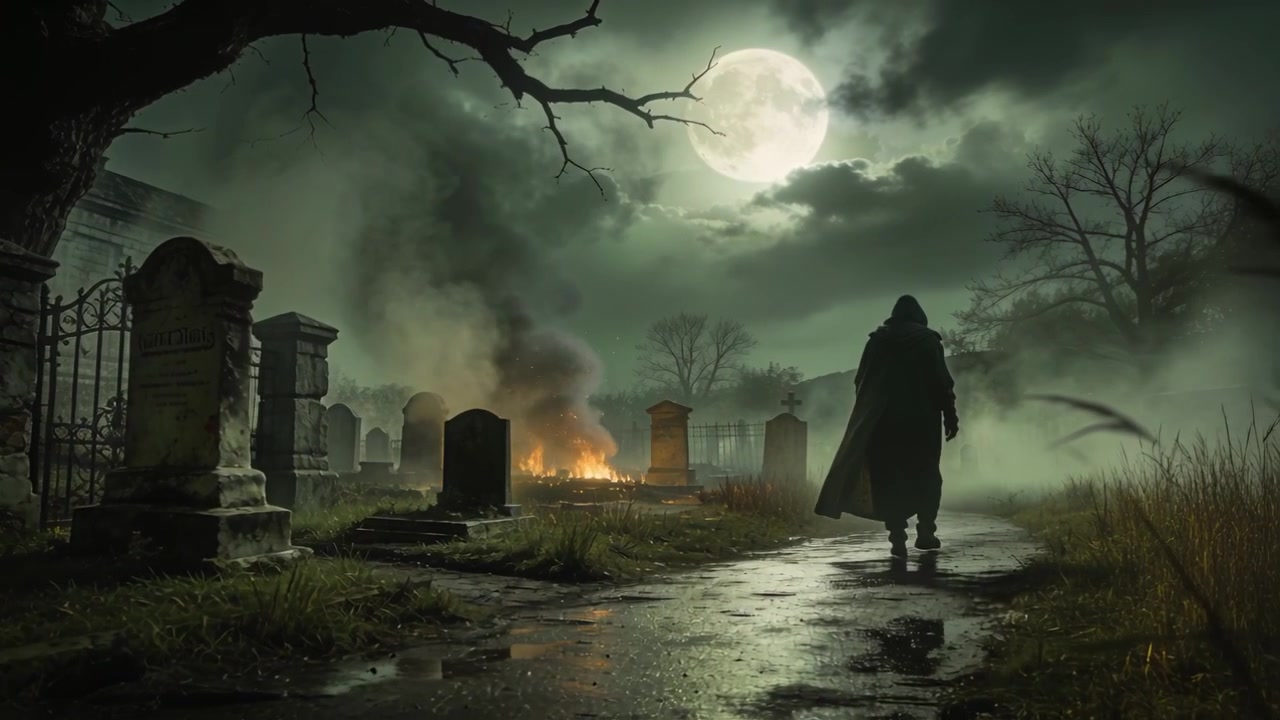 Emerging from right, cloaked figure walking along wet path in moonlit cemetery toward burning pyre