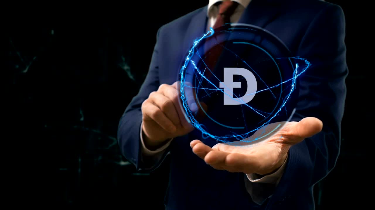 el hombre de negocios muestra el concepto del holograma y el signo del doge en su mano.