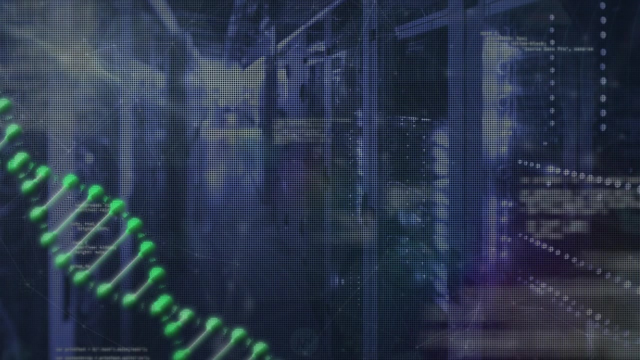 Animation of data processing and dna strand over server room