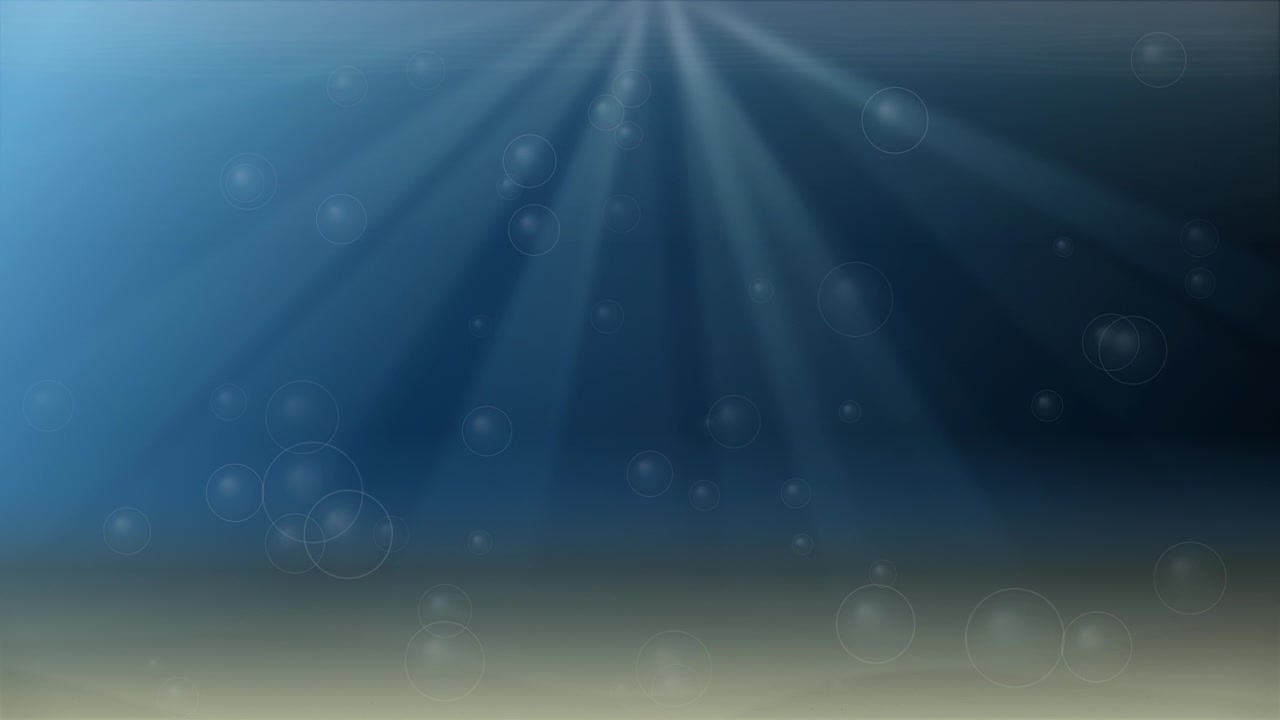 Sunbeams penetrate deep blue water while small bubbles rise slowly from the sandy floor
