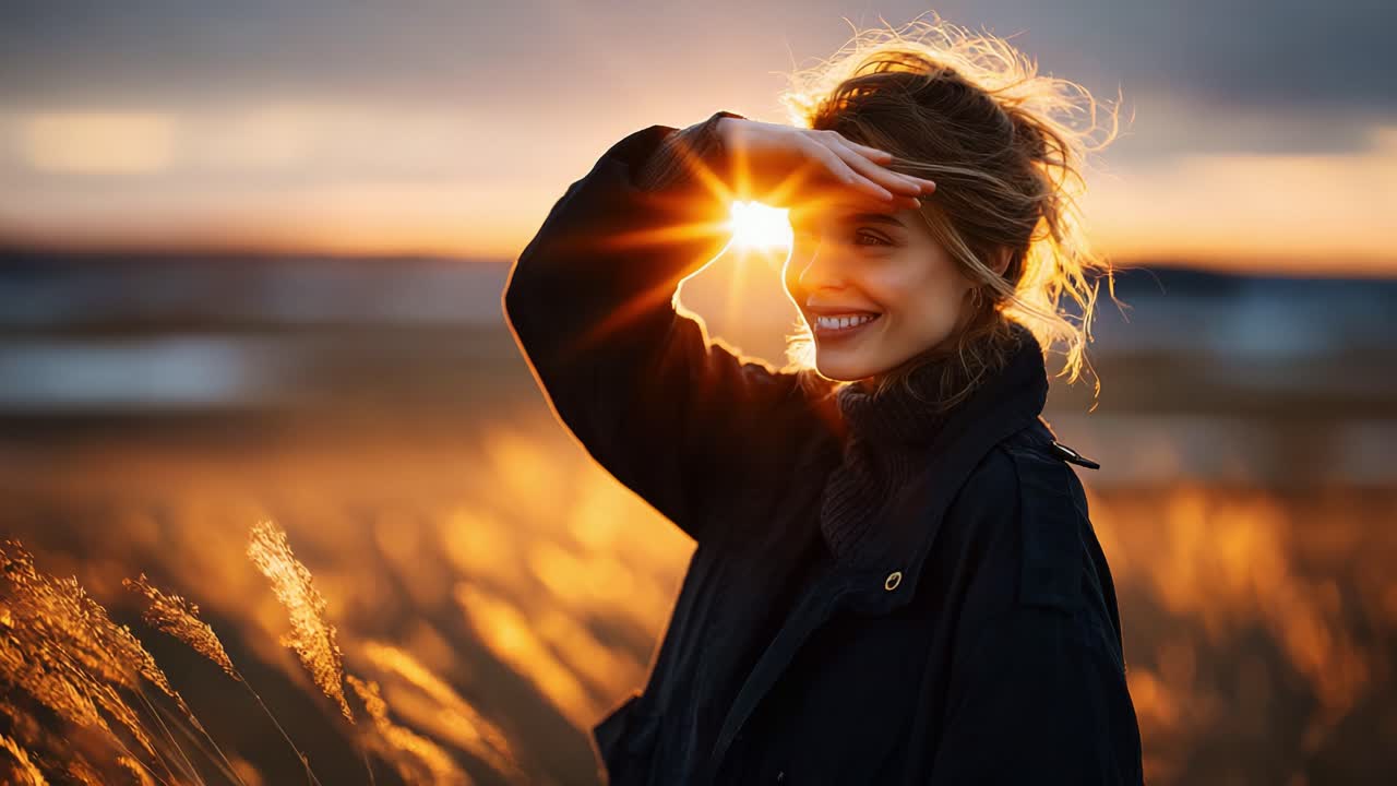 Radiant Moment: A Woman Enjoys the Warm Glow of a Sunset, Half-Shielding Her Eyes from the Sun, Surrounded by Golden Grasses in a Tranquil Landscape