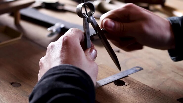 Close-up of man adjusting steel measuring compass with ruler on vintage wooden bench in workshop