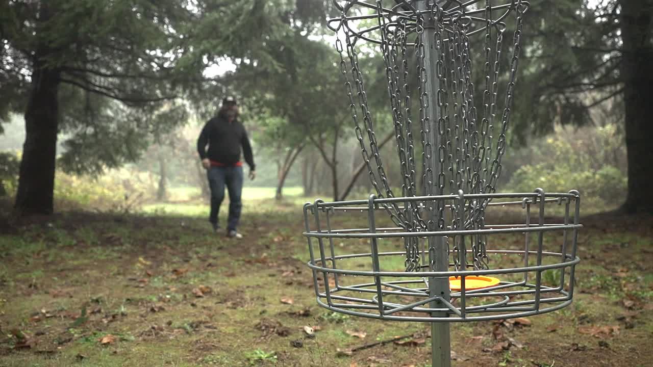 gol de disco de golf en una mañana de niebla