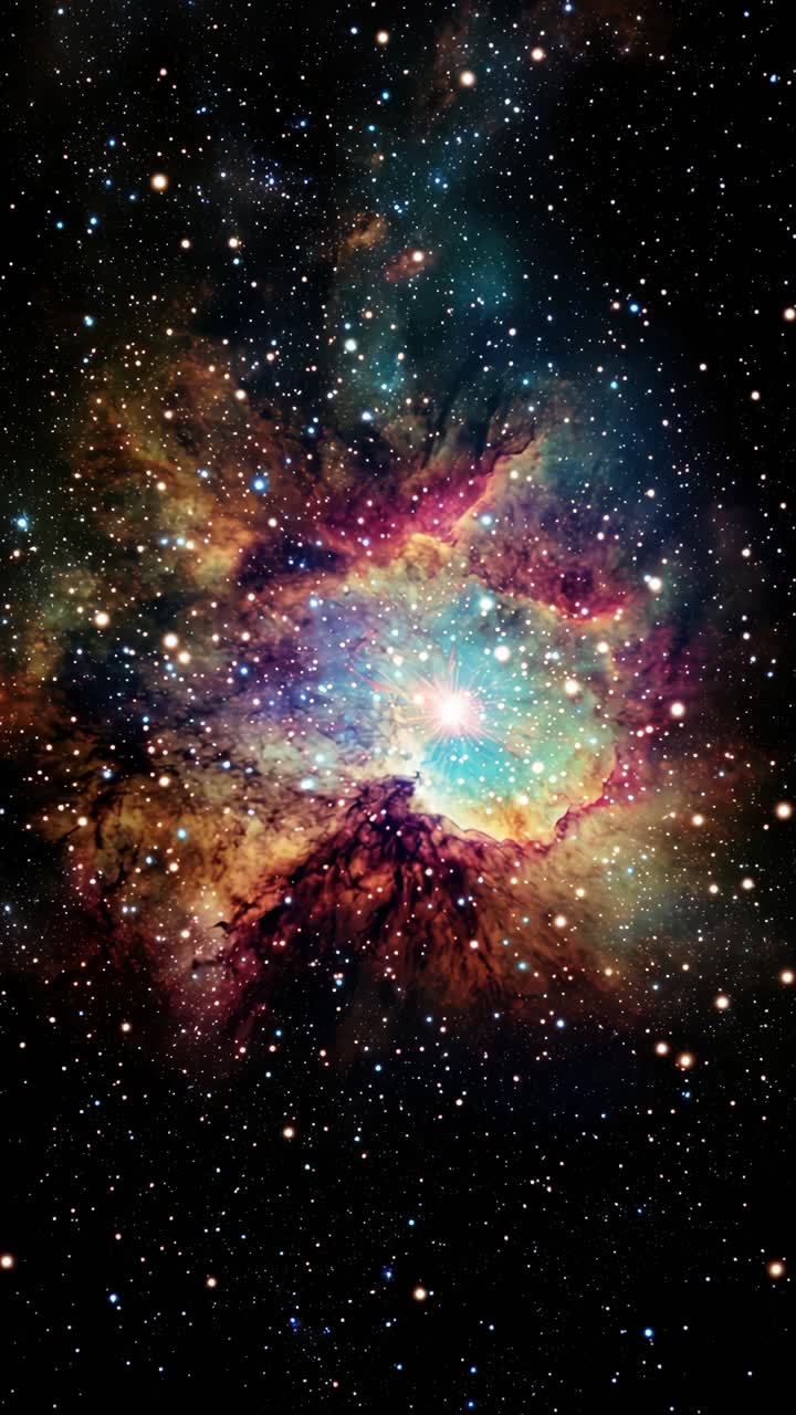 A mesmerizing cosmic scene with vibrant nebula colors, captured from a top-down angle