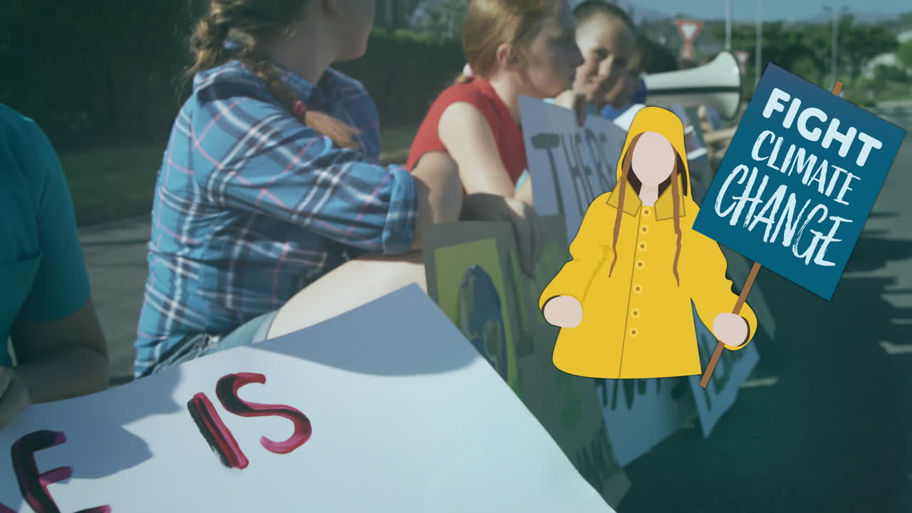 Animation of caucasian girl with fight climate change placard over diverse children at protest