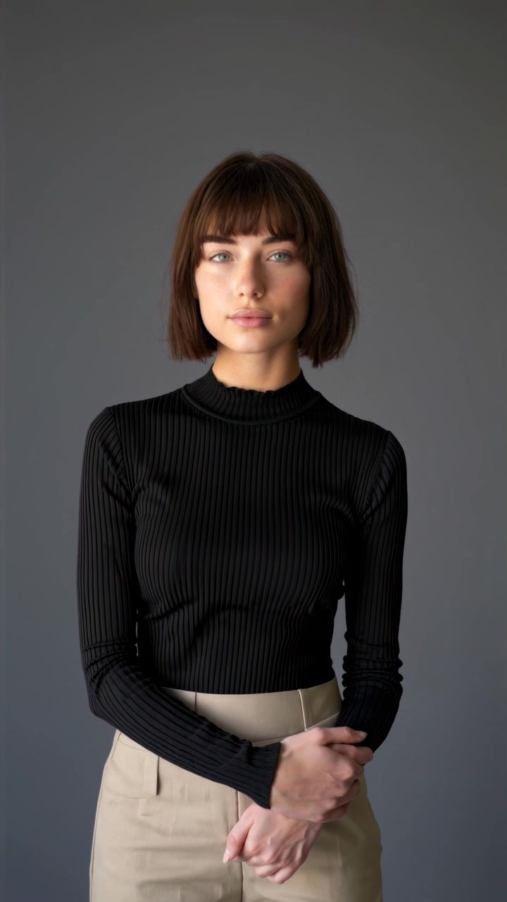 Confident Young Woman with Short Brown Hair Posing in Studio