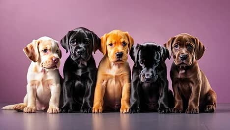 un grupo de cachorros sentados en una fila sobre un fondo púrpura