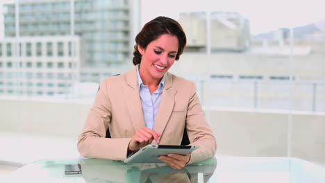 mujer de negocios atractiva y dinámica usando una tableta