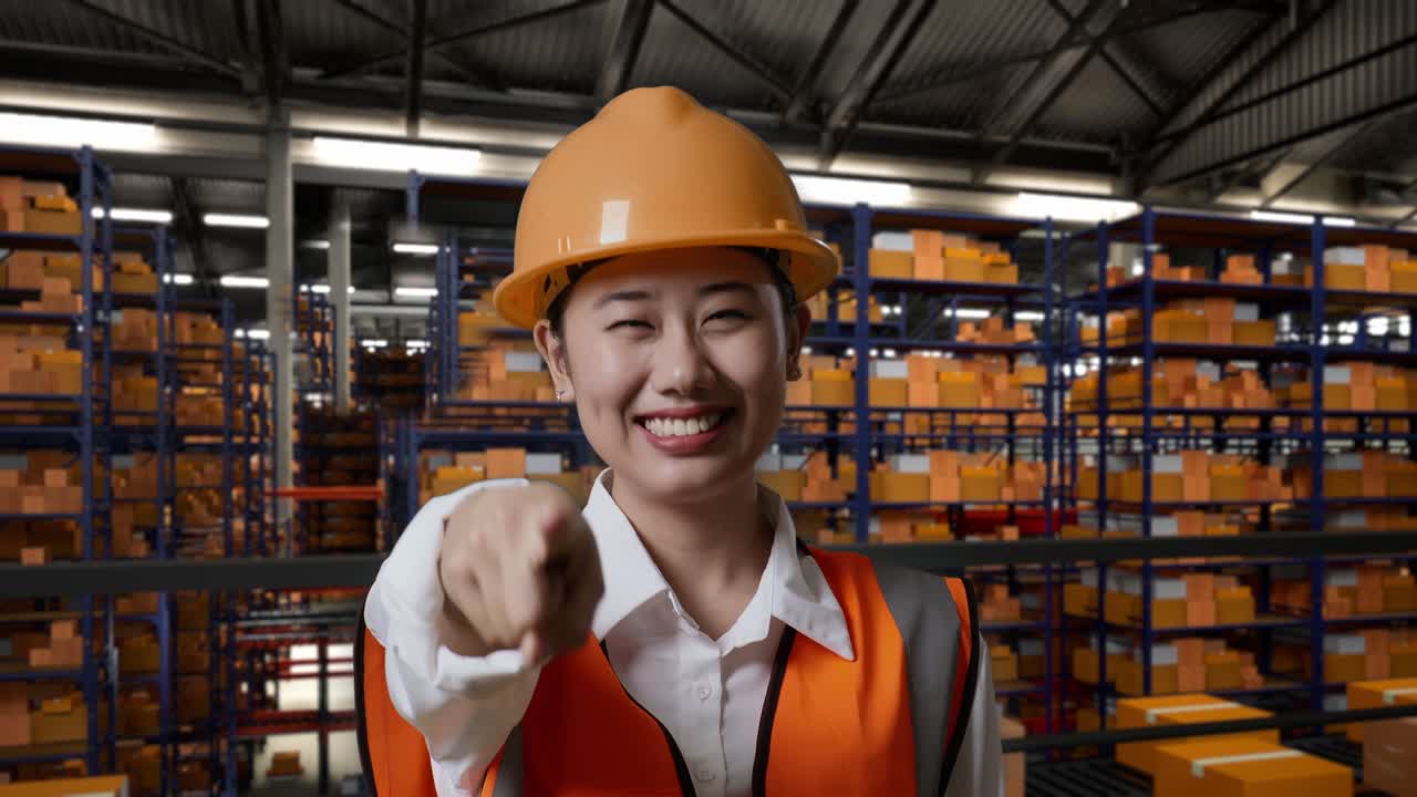 안전 헬을 입은 아시아 여성 엔지니어가 배달 물품으로 가득 찬 선반과 함께 창고에 서서 웃고 가을 만지며 창고에서 당신을 가리키고 있습니다.