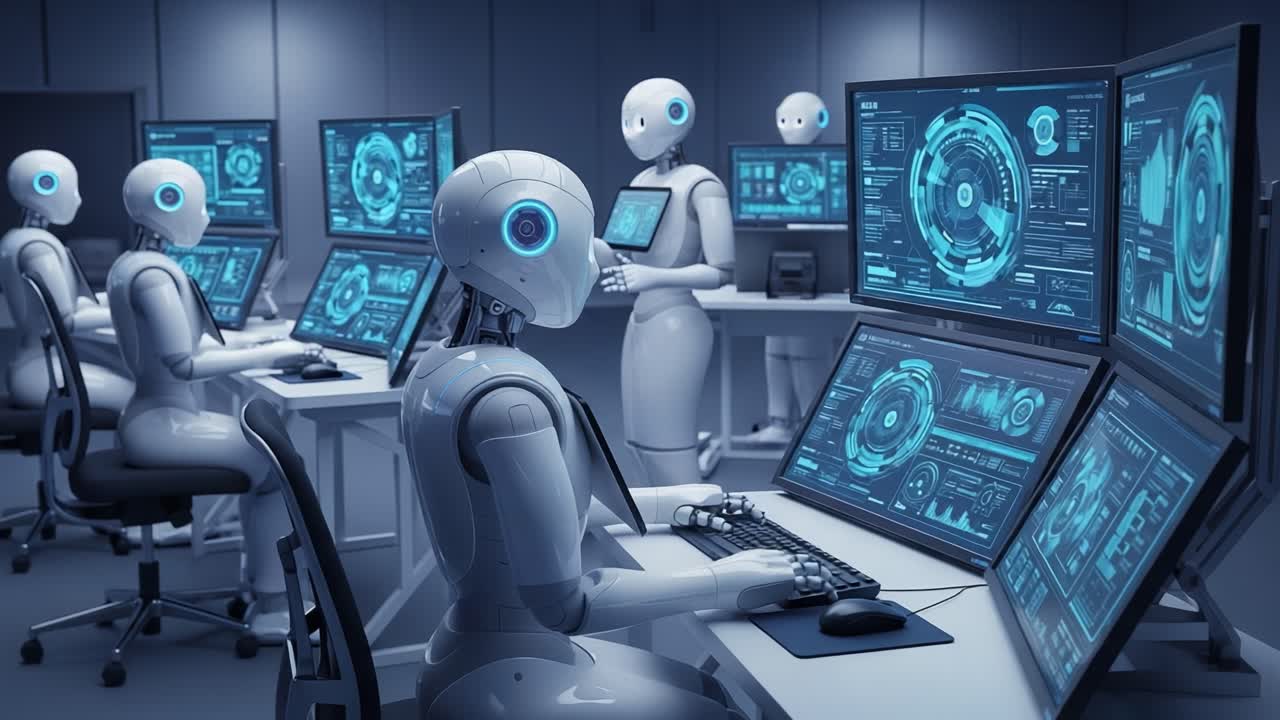 Advanced Robotics in Action: A Futuristic Workstation Showcasing AI-Driven Robots Interacting with High-Tech Interfaces in a Modern Control Room Environment