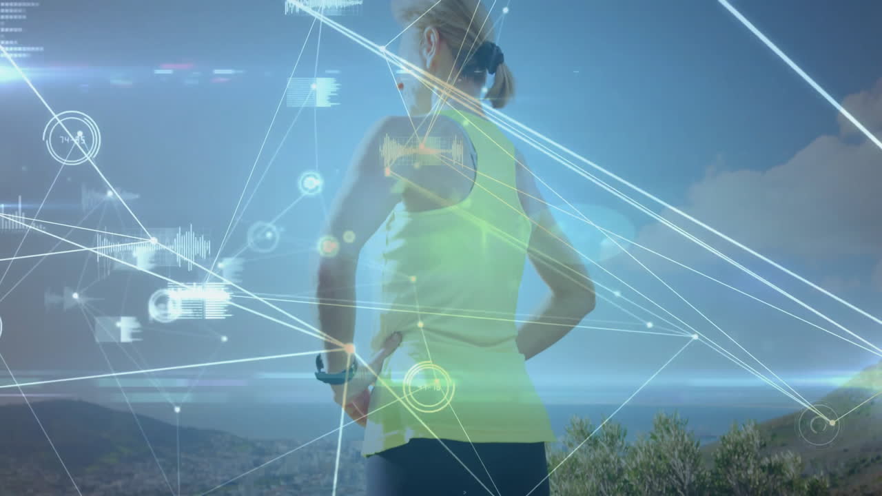 Exercising outdoors, woman with fitness technology and digital network overlay