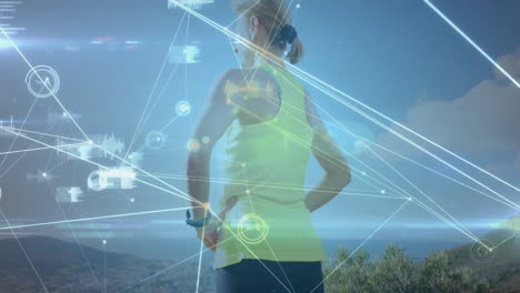 exercising outdoors, woman with fitness technology and digital network overlay