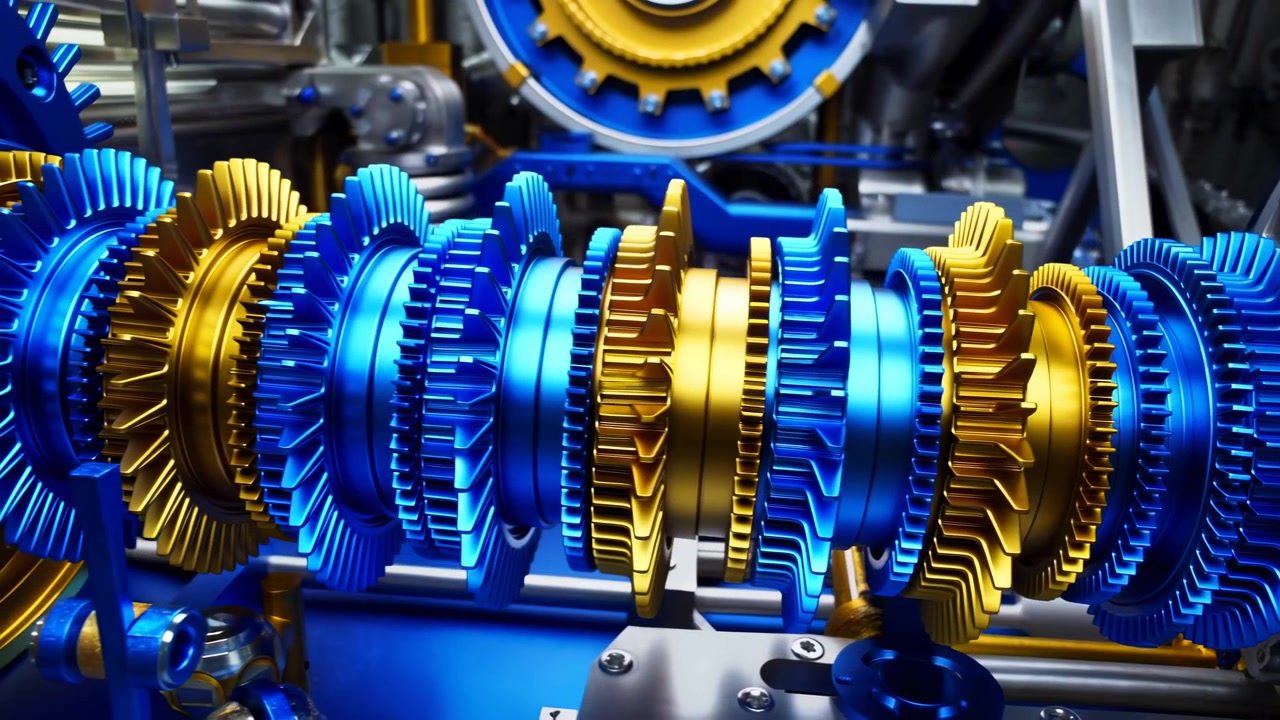 Close-up view of intermeshed gears, shaft, and rotors inside mechanical housing, featuring blue and gold metal surfaces, reflective highlights, and detailed industrial engineering components