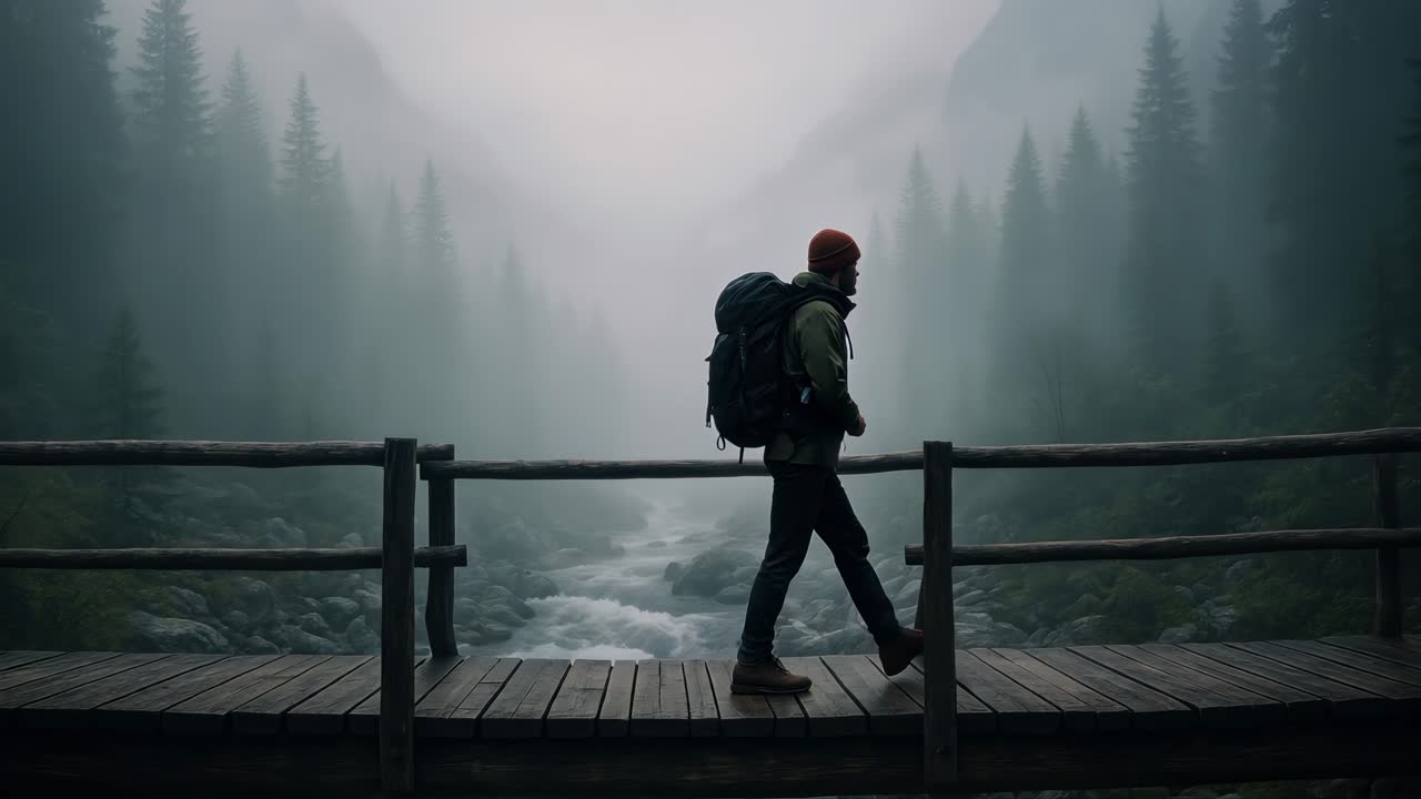 A traveler walks across a wooden bridge in a misty forest. Side angle captures the serene, cinematic