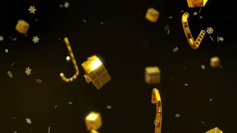 animation of christmas candy canes, gold stars and snow falling on black background