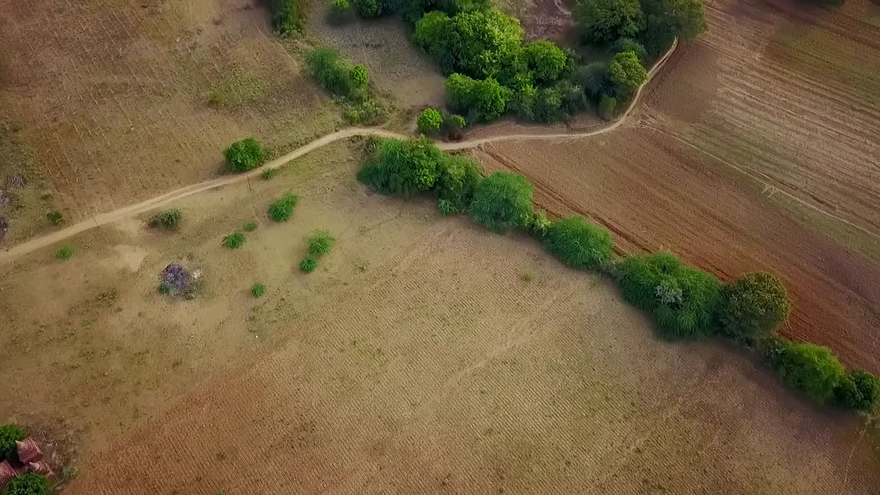 A stunning tilt-up reveal shot showcasing rural farmlands near the Narathu Temple in Bagan, Myanmar, highlighting the peaceful agricultural landscape