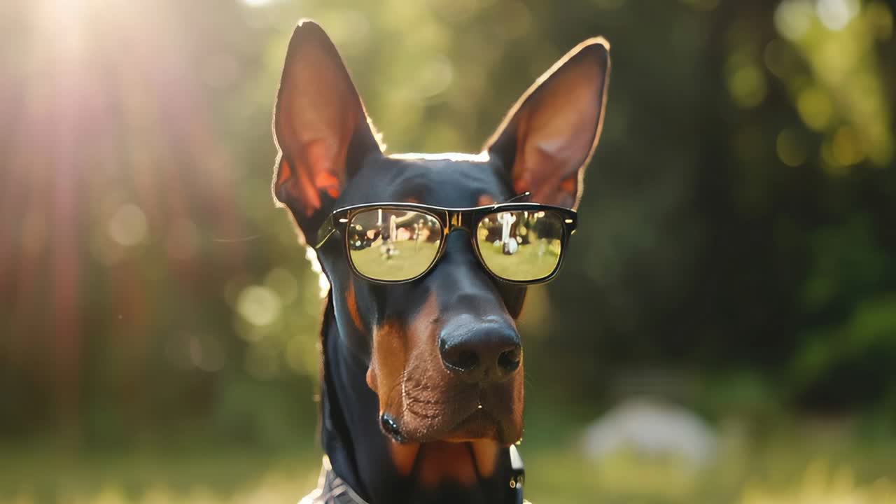 Doberman dog wearing stylish sunglasses, posing confidently in a sunny park, basking in the warmth of summer sunlight and radiating a cool, relaxed vibe