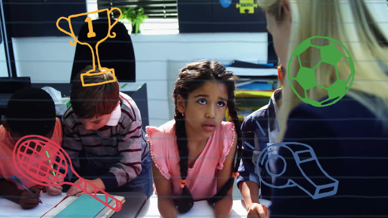 Animation of school icons over diverse schoolchildren and female teacher