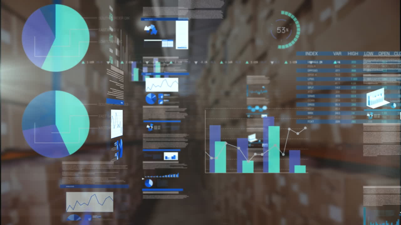 animación del procesamiento de datos estadísticos frente a un almacén vacío