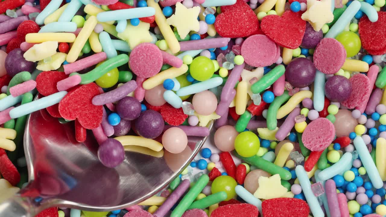 A spoon scoops vibrant, multicolored sprinkles in a macro close-up, highlighting texture and color variety