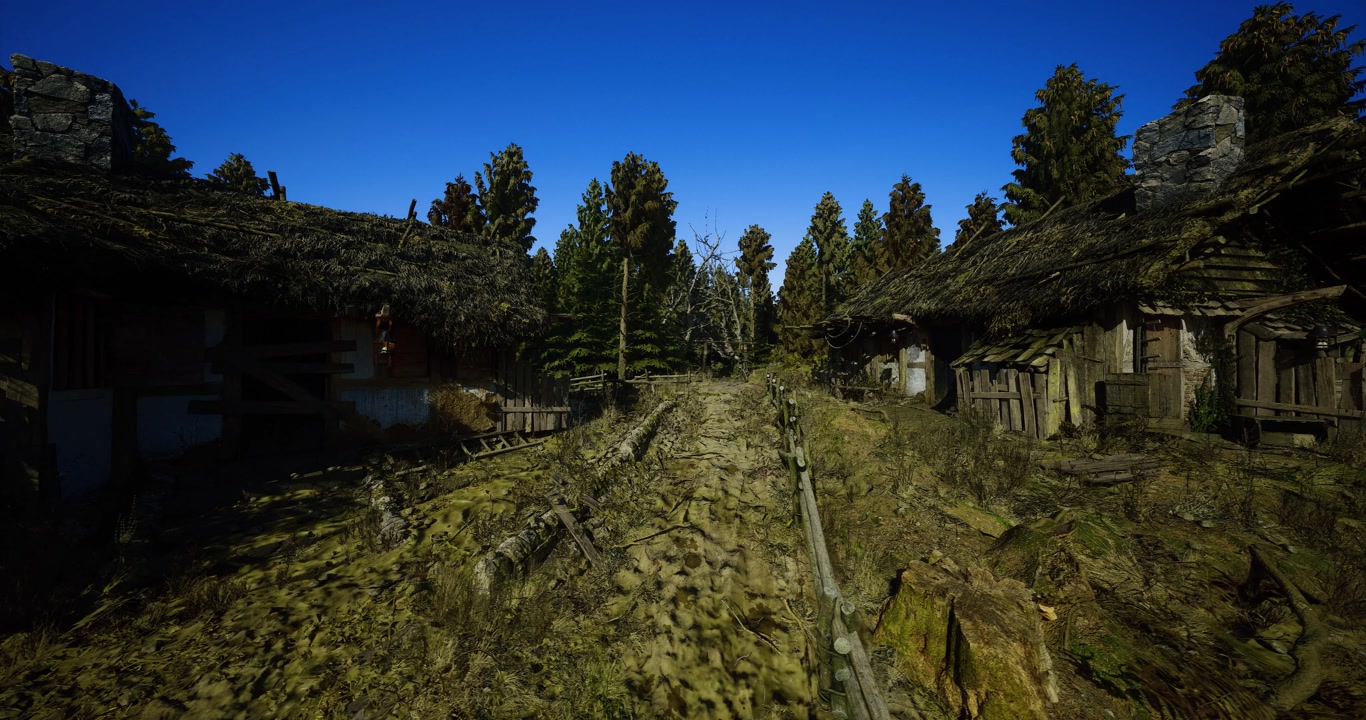 Serene natural landscape featuring mossy roofs and vibrant flora elements