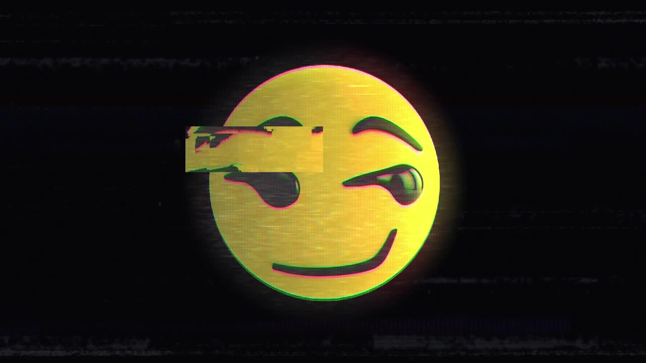 Digital animation of glitch effect over smirk face emoji against black background