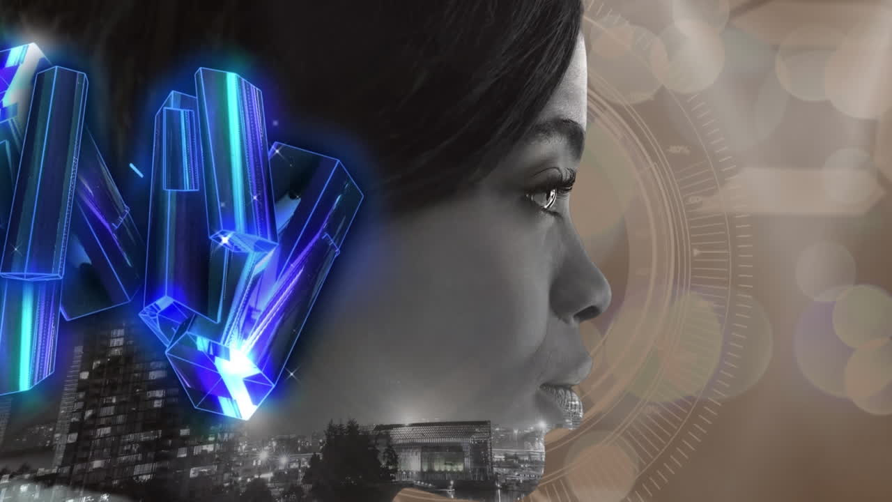 animación de bloques azules brillantes, alcance y red de conexiones sobre la cara de la mujer