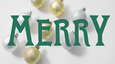 animation of merry text over christmas baubles