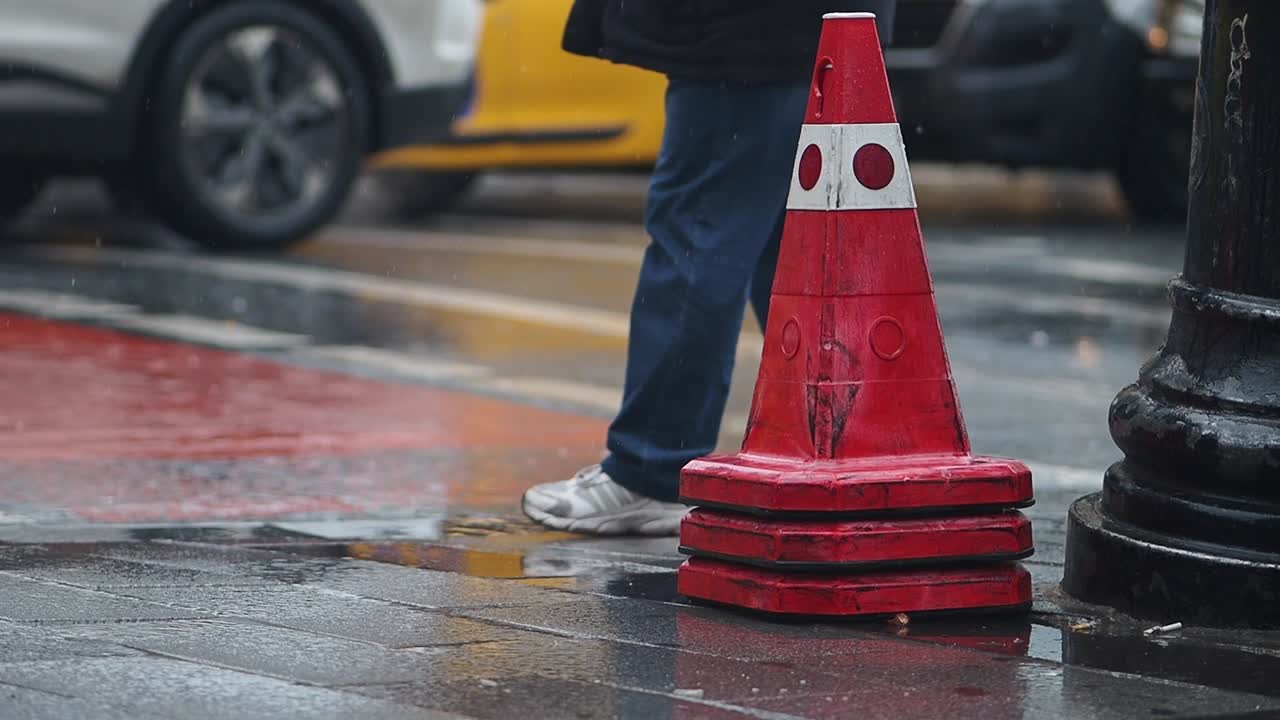 Rød trafikkegle på vådt byfortov med en forbipasserende person