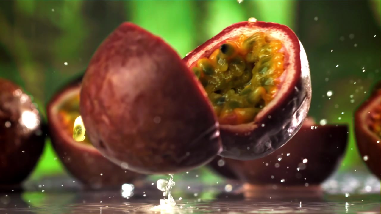 Tropisk passionsfrugt falder og flækker i slowmotion