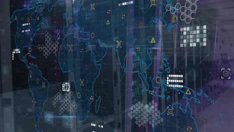 animation of security warning text, world map and data processing over computer server room