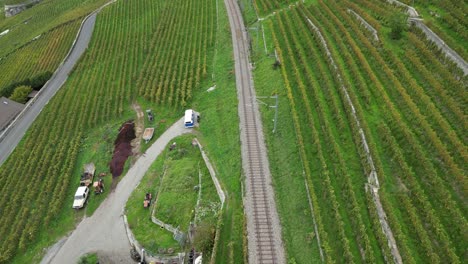 Vista-Superior-Aérea-De-Los-Rieles-Del-Tren-En-Lavaux,-Suiza,-Viñedos