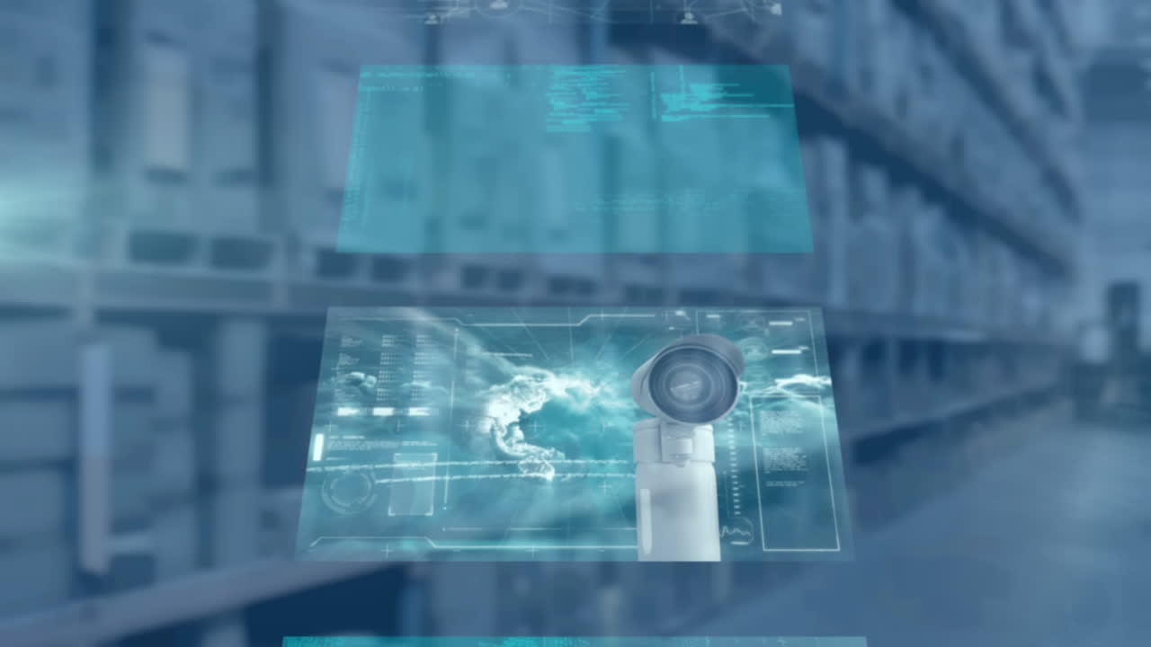 다중 화면의 디지털 애니메이션과 빛의 점과 창고에 대한 데이터 처리