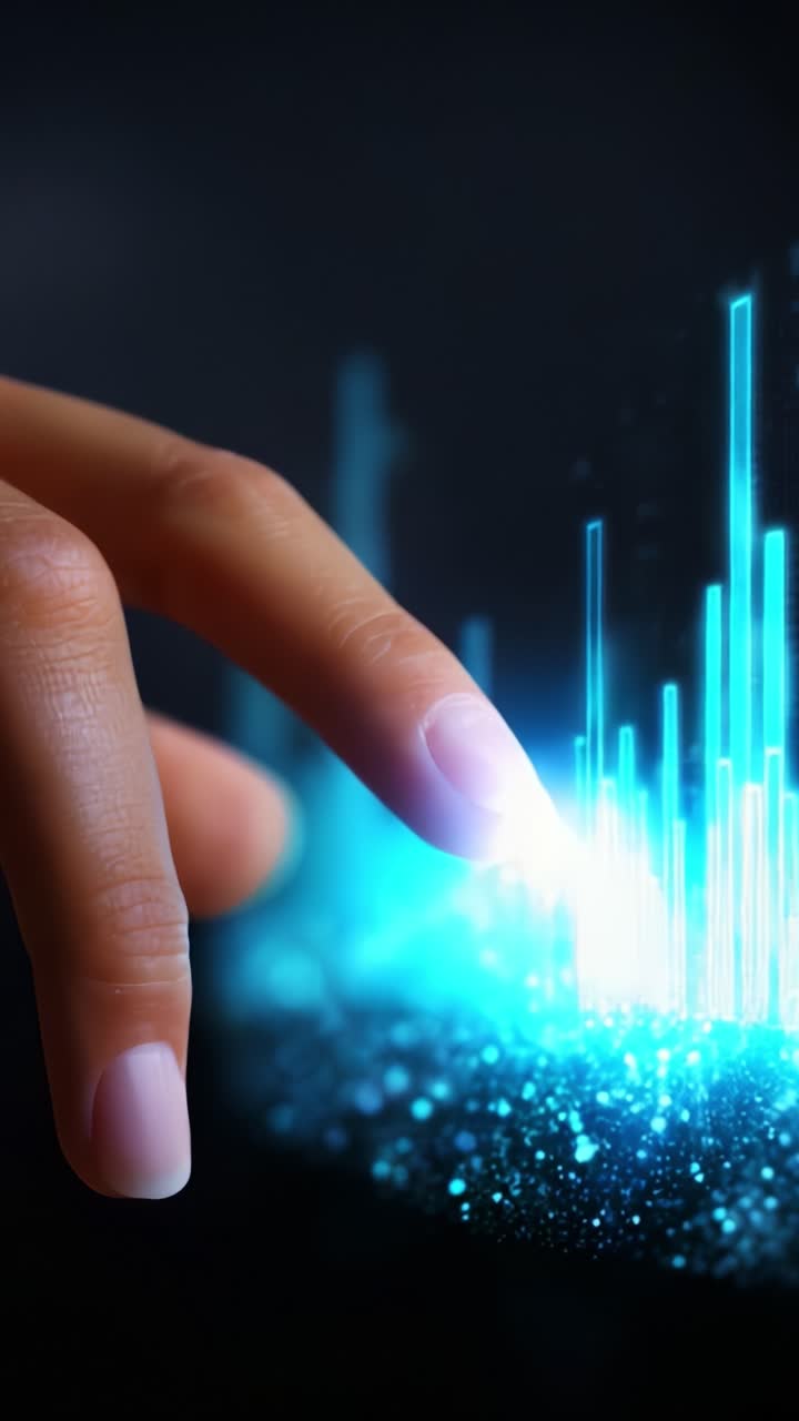 A Close-Up of a Finger Interacting with a Vibrant Futuristic Digital Interface Featuring Blue Light Bars Signifying Data or Visualization in an Abstract Space