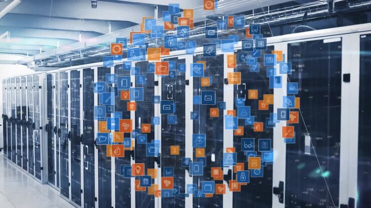 Animation of icons forming rotating globe and connected dots with numbers over server room