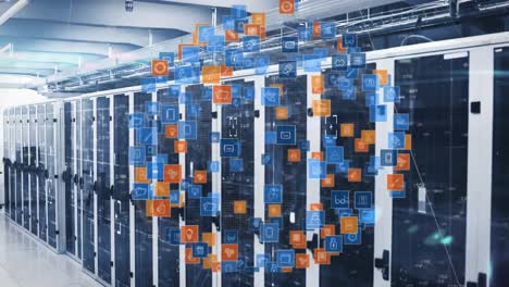 animation of icons forming rotating globe and connected dots with numbers over server room