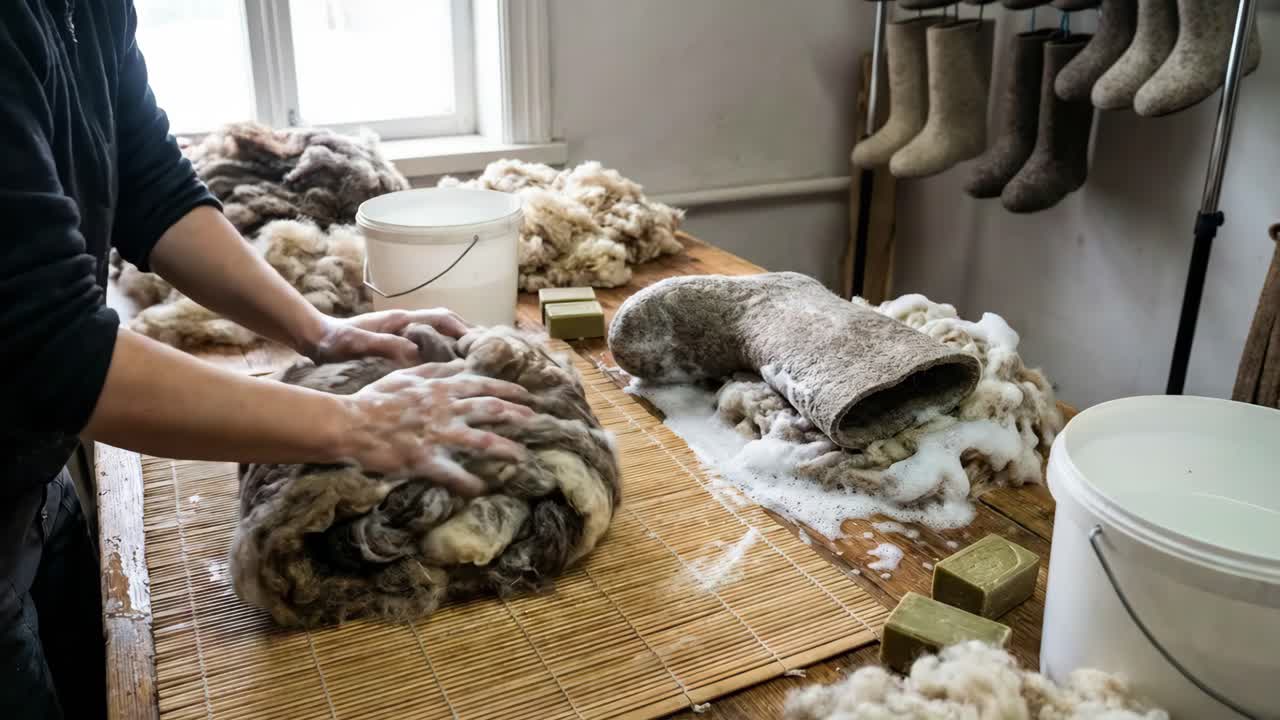 Making traditional felt boots (Valenki) from wool