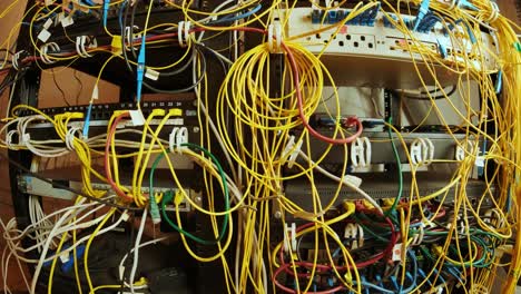 network switch and ethernet cable in rack cabinet. network connection technology and has a status led to show working status. concept of infrastructure with cables connected to data center