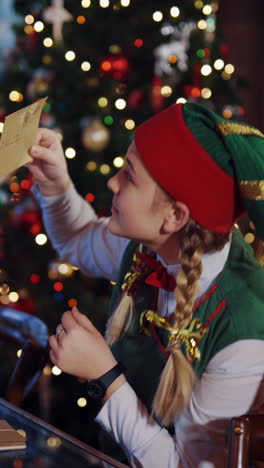 cute elf with envelope on the background of christmas lights. happy female elf looking at envelope attentively while sitting at the table. vertical video