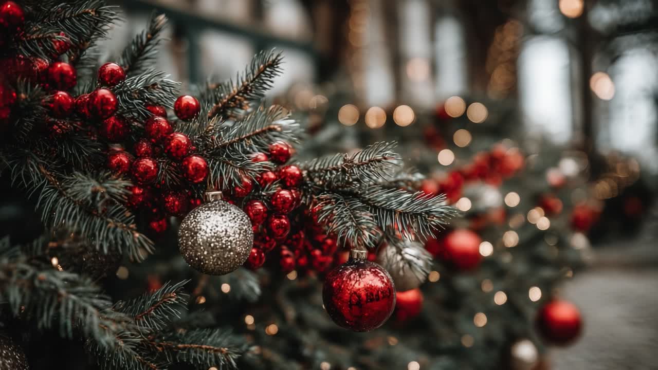 A Festive Display of Christmas Ornaments and Foliage with Glimmers of Warm Holiday Lights Creating a Magical Atmosphere