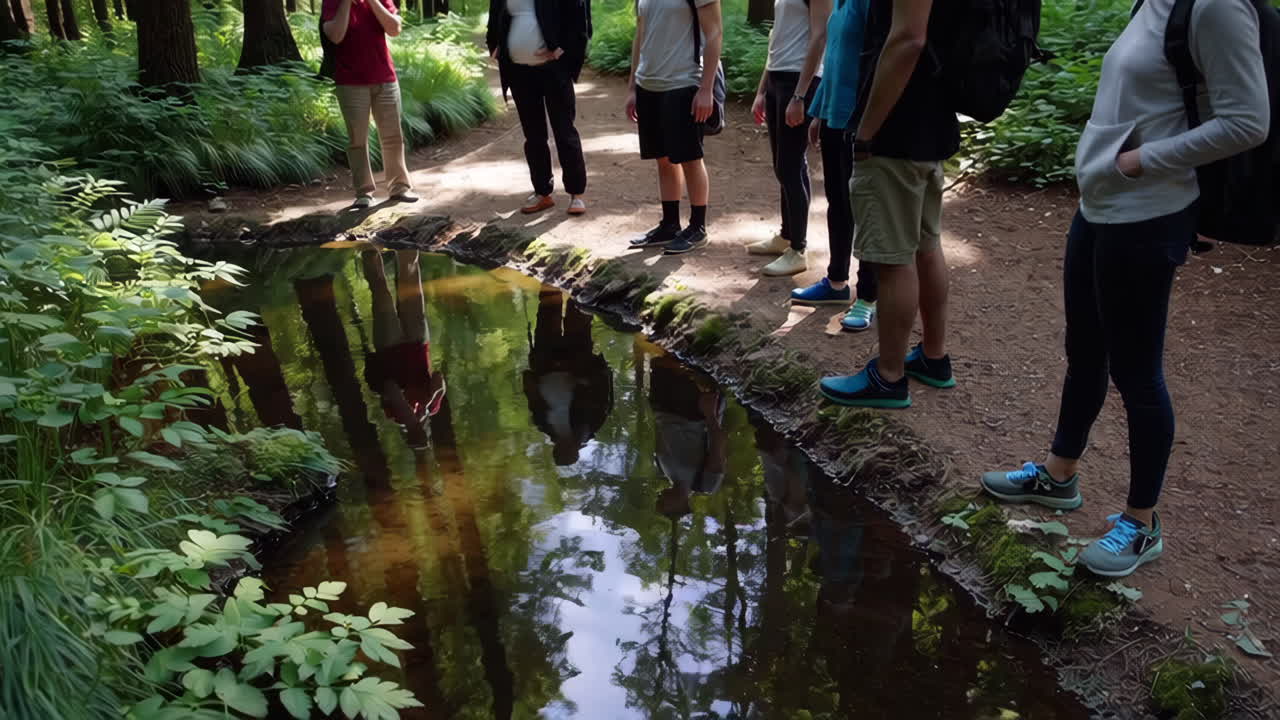 Group Hiking in a Forest by a Pond