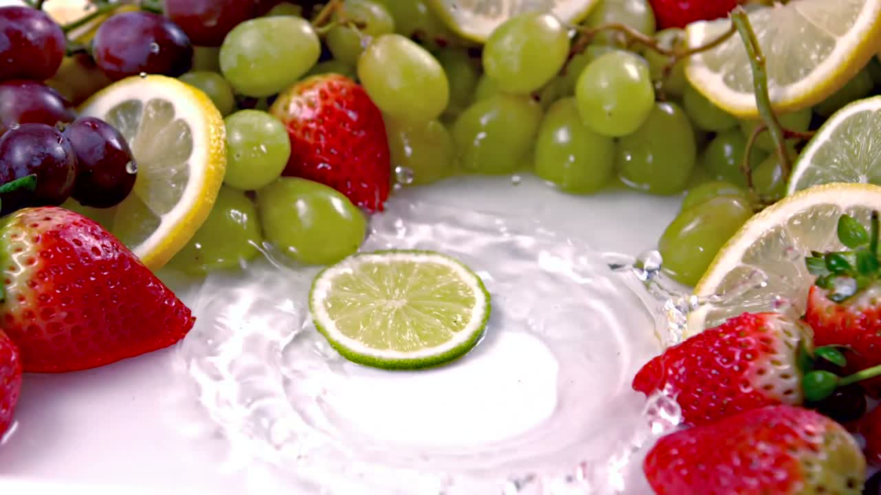 Un pezzo di limone che cade nell'acqua